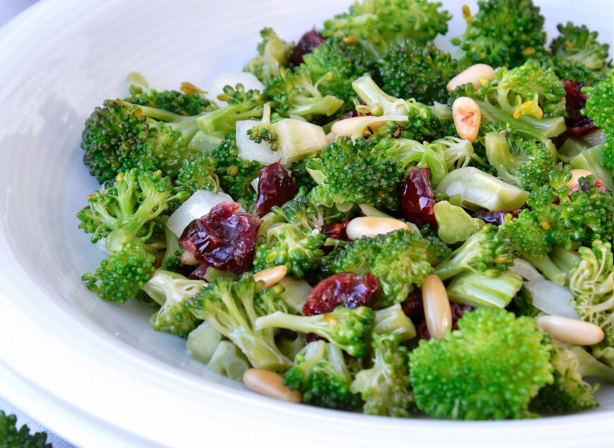 Broccoli Salad. Vegan Recipes. Broccoli Salad with Dried Cranberries and Pine Nuts