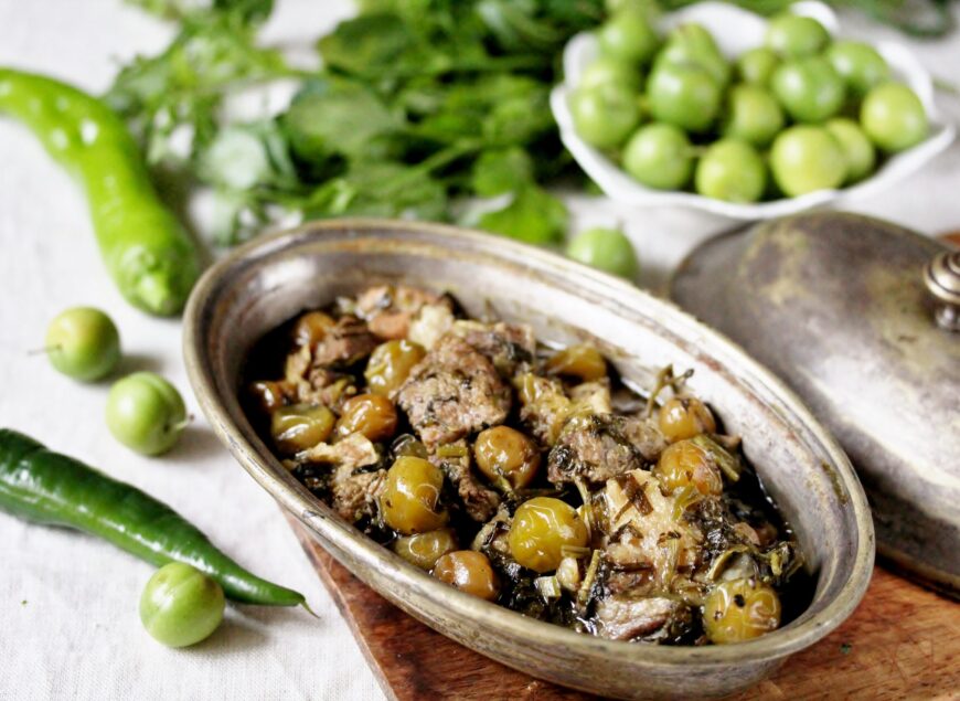Alluciye- or the Turkish dish. Meat stew with green plum and greens. green plum recipe. Greengage stew. dishes from unripe plums. Keto diet dish