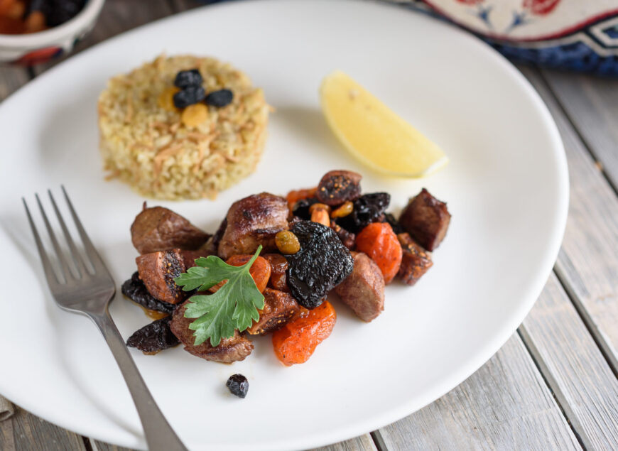 Turkish Lamb Meat, Dried Fruit and Almond Stew with Bulgur as Side Dish, Kuzu Mutancana.